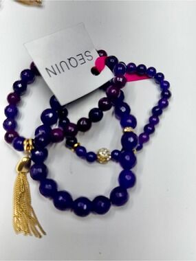 Sequin Purple Beaded Bracelet Stack with Gold Tassel